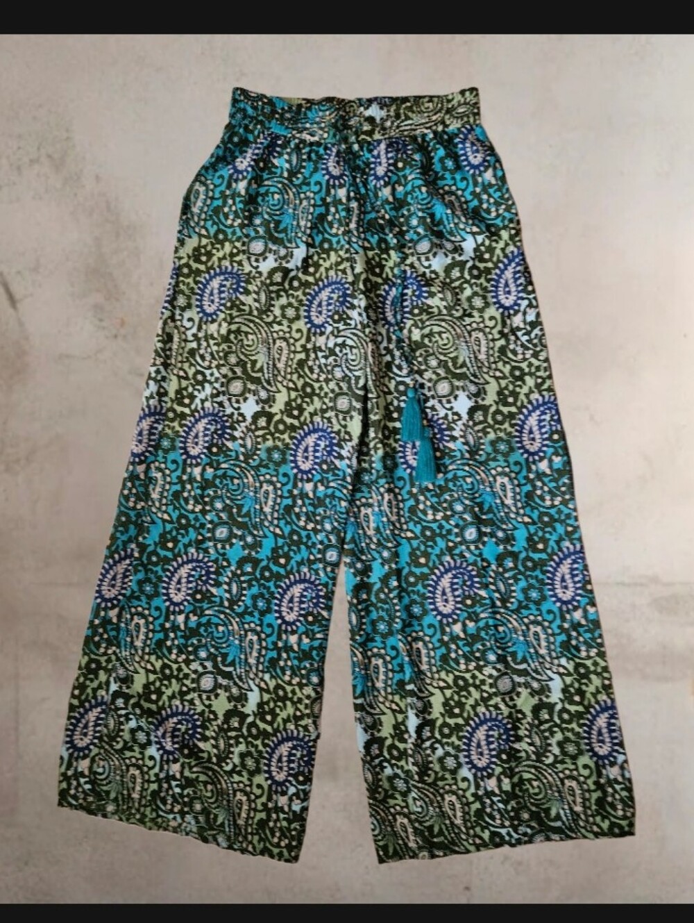 Chelsea & Theodore Boho Wide Leg Paisley Print Pants in Teal & OliveM
